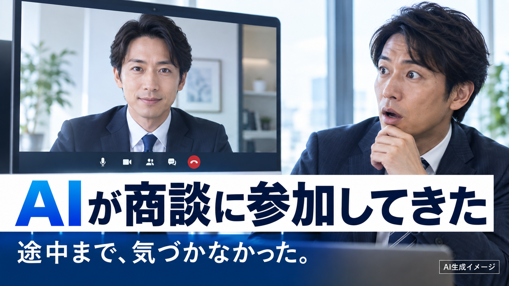 AIが商談に参加し、途中まで気づかず会話が進む様子を表現したAI生成イメージ